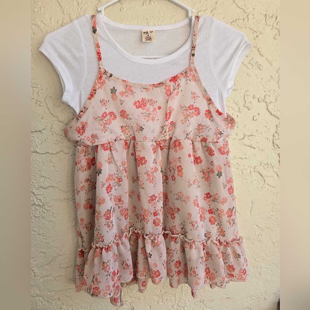 ARIZONA Floral Pink Blouse With White T-shirt  Size M(10/12) Girls